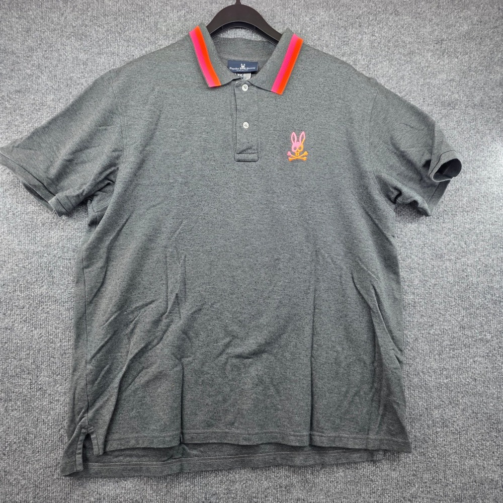 Psycho Bunny Mens Gray Pima Cotton Polo Shirt Neon Pink Orange Size 8 XXL